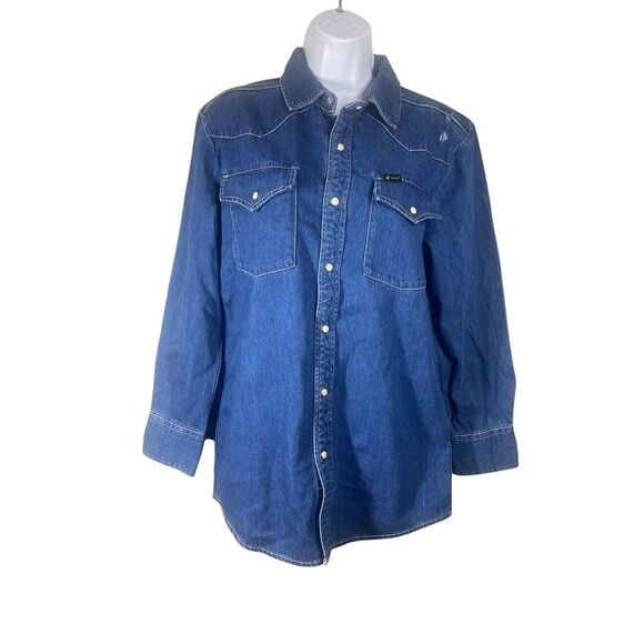 Lee Tops - Lee Womans Pearl Snap Button Up Long Sleeve Blue‎ Denim Shirt Front Pockets SZ S